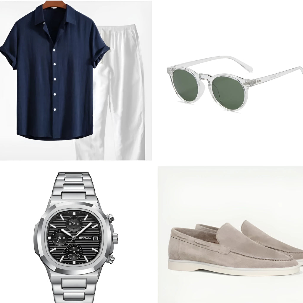 Casual loose-fit cotton linen short sleeve suit in navy blue, shown with included accessories.