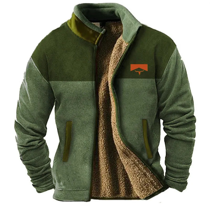 Men's green polyester padded coat showing regular 50cm length on male model