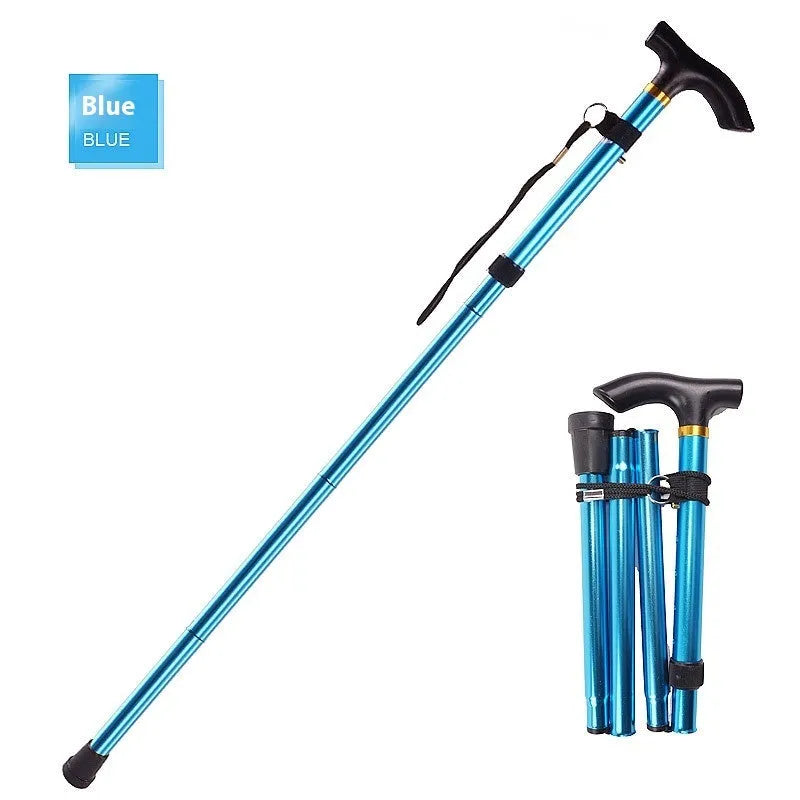 Aluminium alloy folding walking stick adjusted to show length, displayed in a choice of colours.