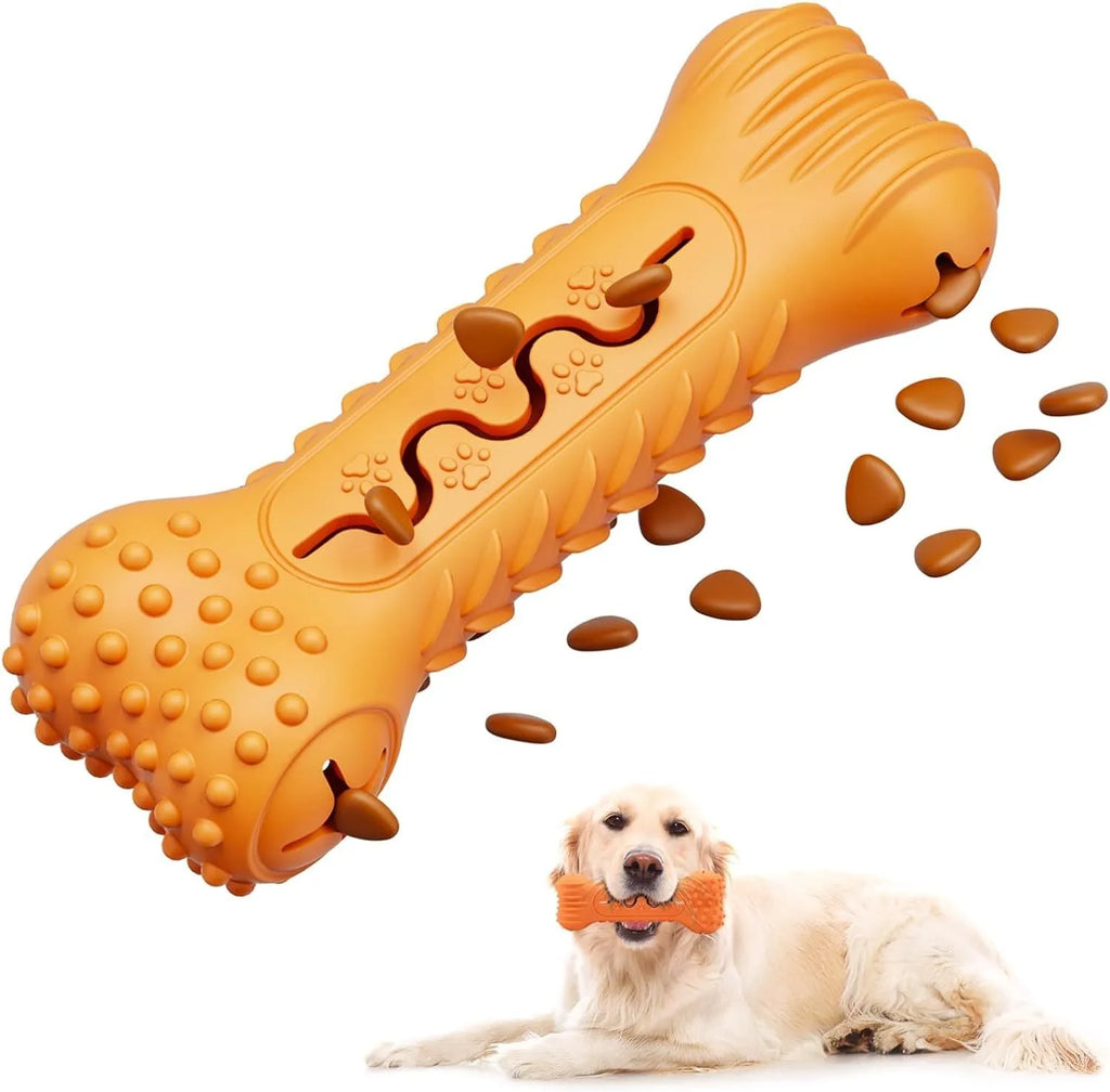 Blue bone-shaped natural rubber dog chew toy for aggressive chewers with textured teeth-cleaning surface.
