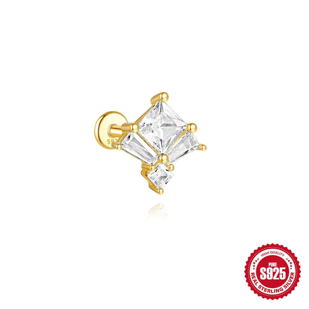 Gold-plated geometric stud earrings with zircon stones on 925 silver posts.