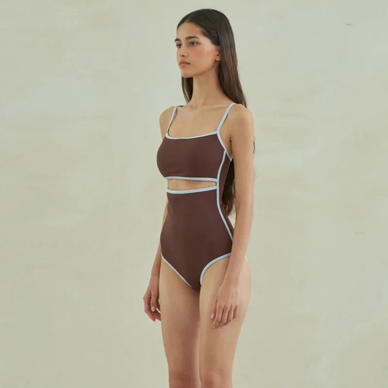 Brown triangle one-piece swimsuit for women in nylon fabric with sexy pattern design