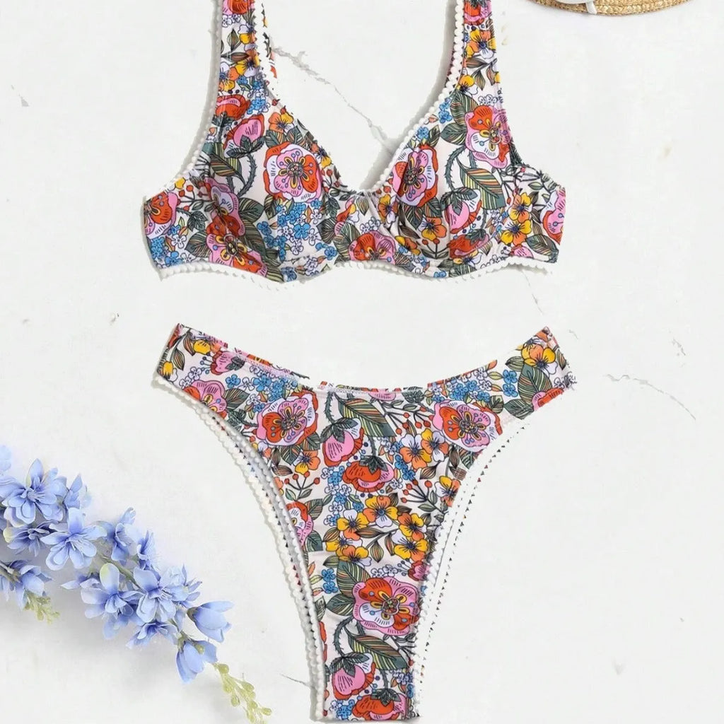 Women's printed steel bracket push up tie side high waist bikini swimsuit in colour Printing 1