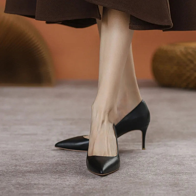 French Pointed High Heel Shoes Black Work Temperament Wide Feet Microfiber Stiletto Heels 6-8CM Court Pumps for Women Office Party Simple Style