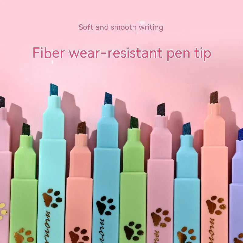 Cat's Paw highlighter pen set with six fluorescent colours and oblique pen heads in a box.