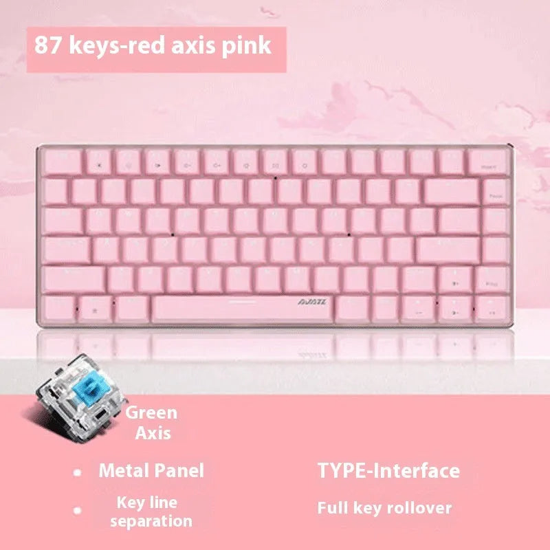 Pink and white 82 key mechanical keyboard with white backlight on a desk
