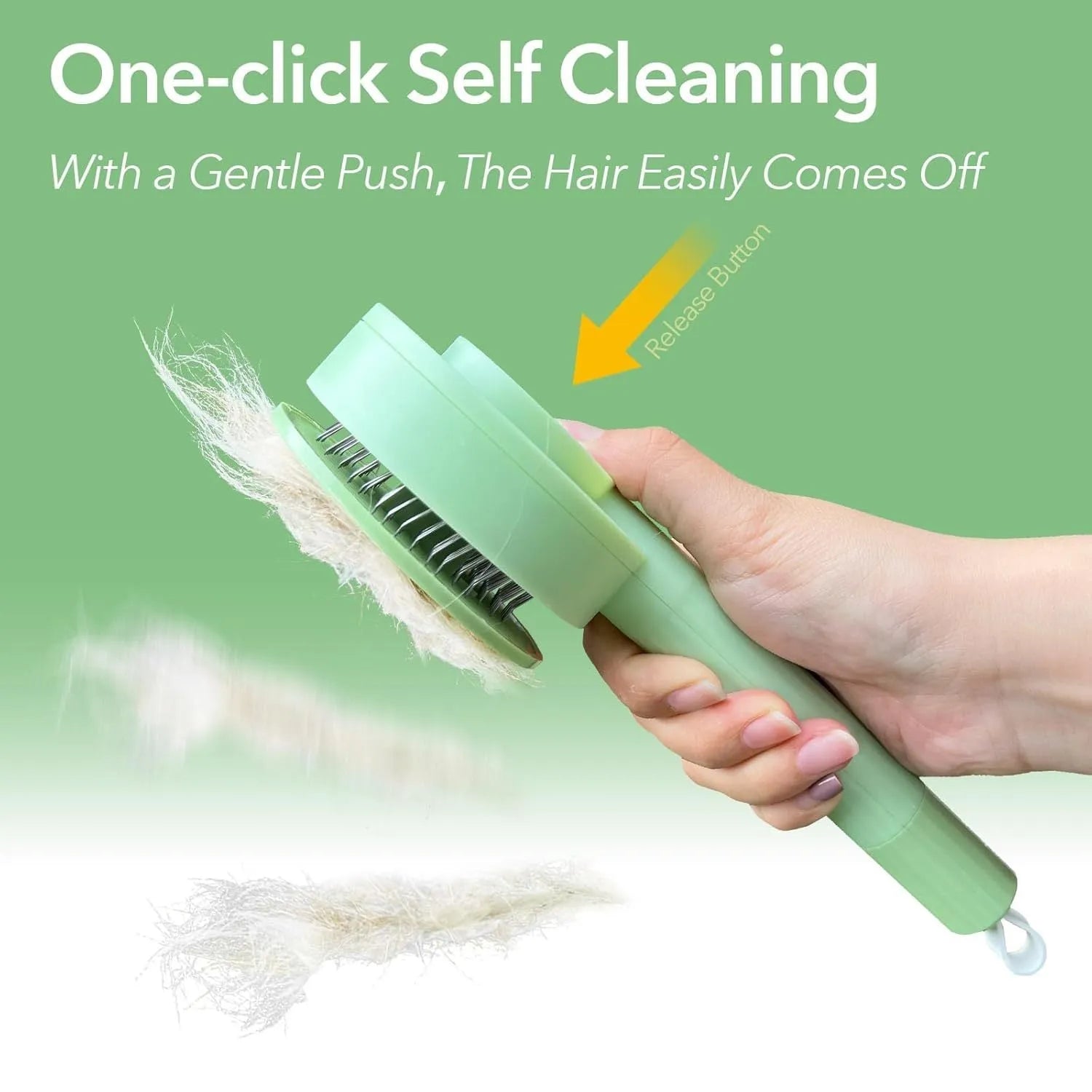 Green and yellow 2-in-1 pet grooming brush with stainless steel teeth and a hanging loop