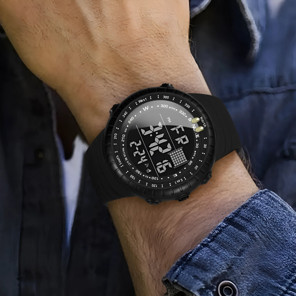 Men's black waterproof digital watch with plastic case and adjustable PU strap for outdoor activities