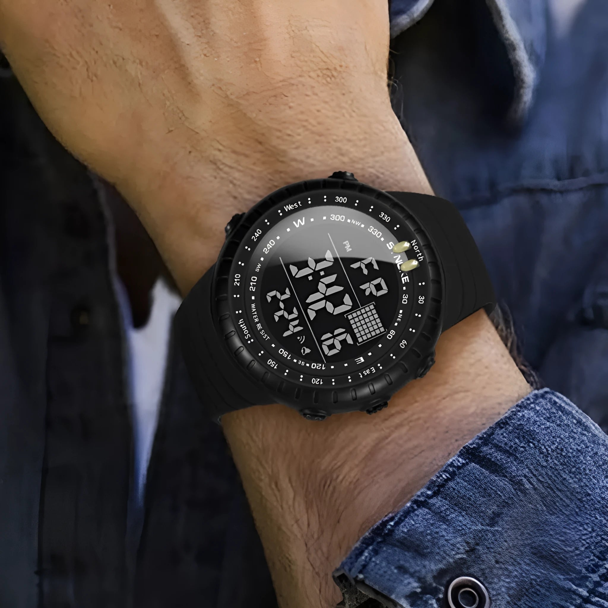 Men's black waterproof digital watch with plastic case and adjustable PU strap for outdoor activities