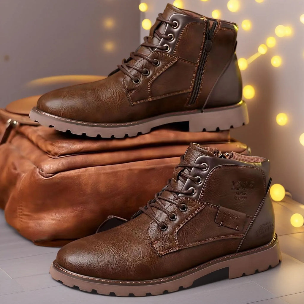 Men's Martin ankle boots in black with side zip, round toe, artificial PU upper, and rubber sole