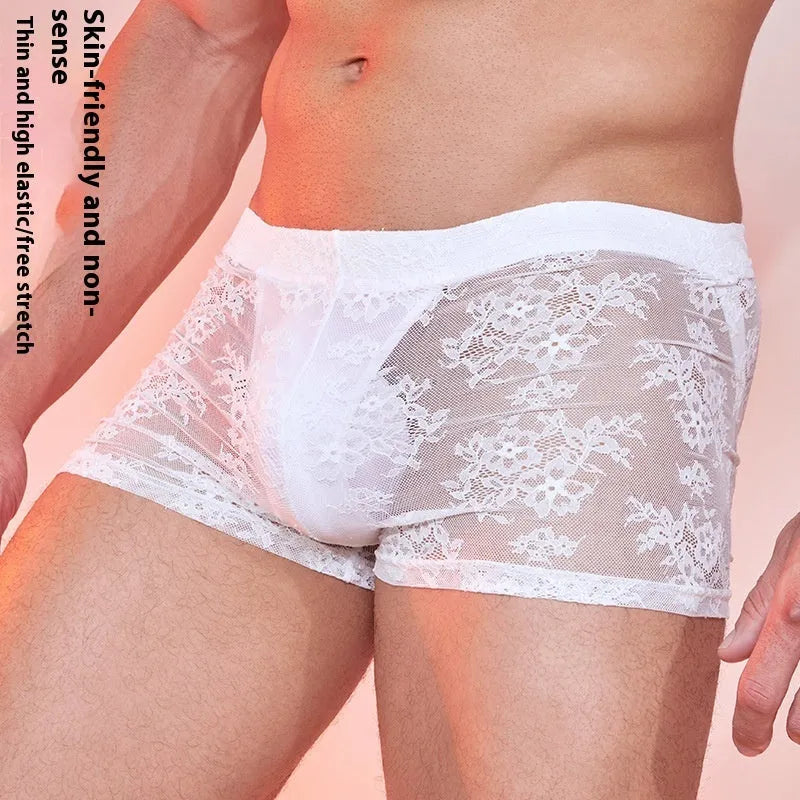 Fashion Personality men's lace-trimmed boxer briefs in black, white, and red colours.