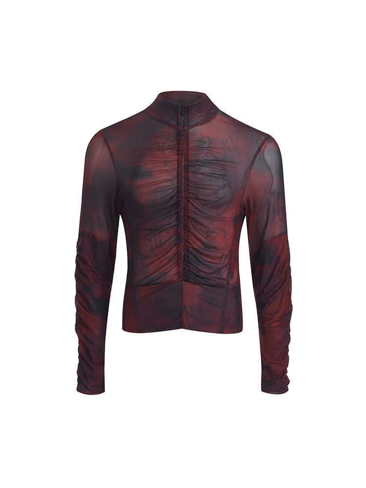 Men's half turtleneck mesh zipper bottoming shirt long-sleeved t-shirt in Black Red and Black Gray