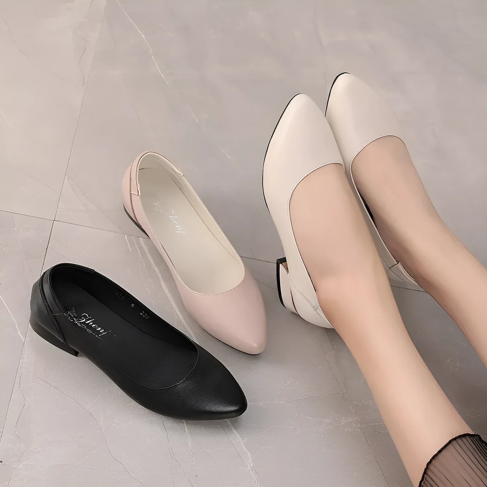 Autumn cowhide flat pointed low-cut shoes for women in beige with low heel and buckle closure