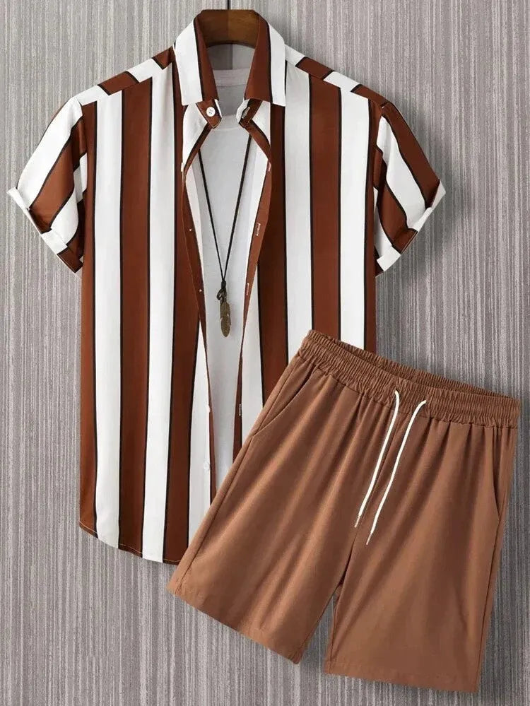 Men's beach style short sleeve shirt and shorts set in polyester fibre, size S to 4XL, multiple colours.