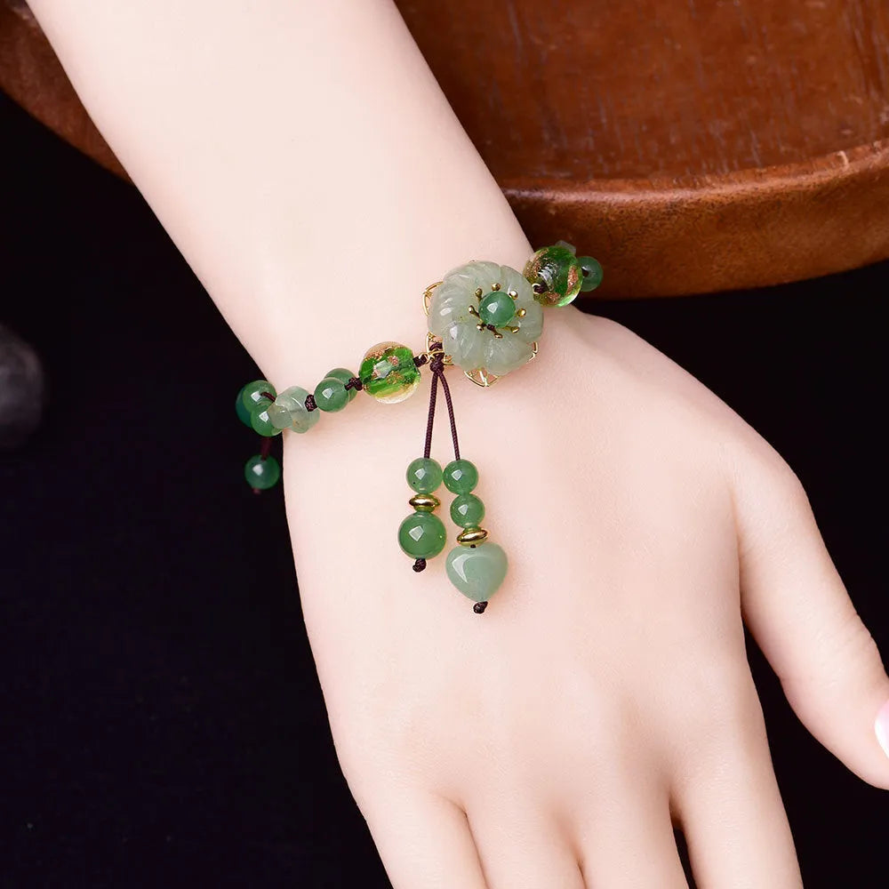 Hand-woven retro flower bracelet in Chinese style, mixed materials, petals style colourway, with auspicious patterns