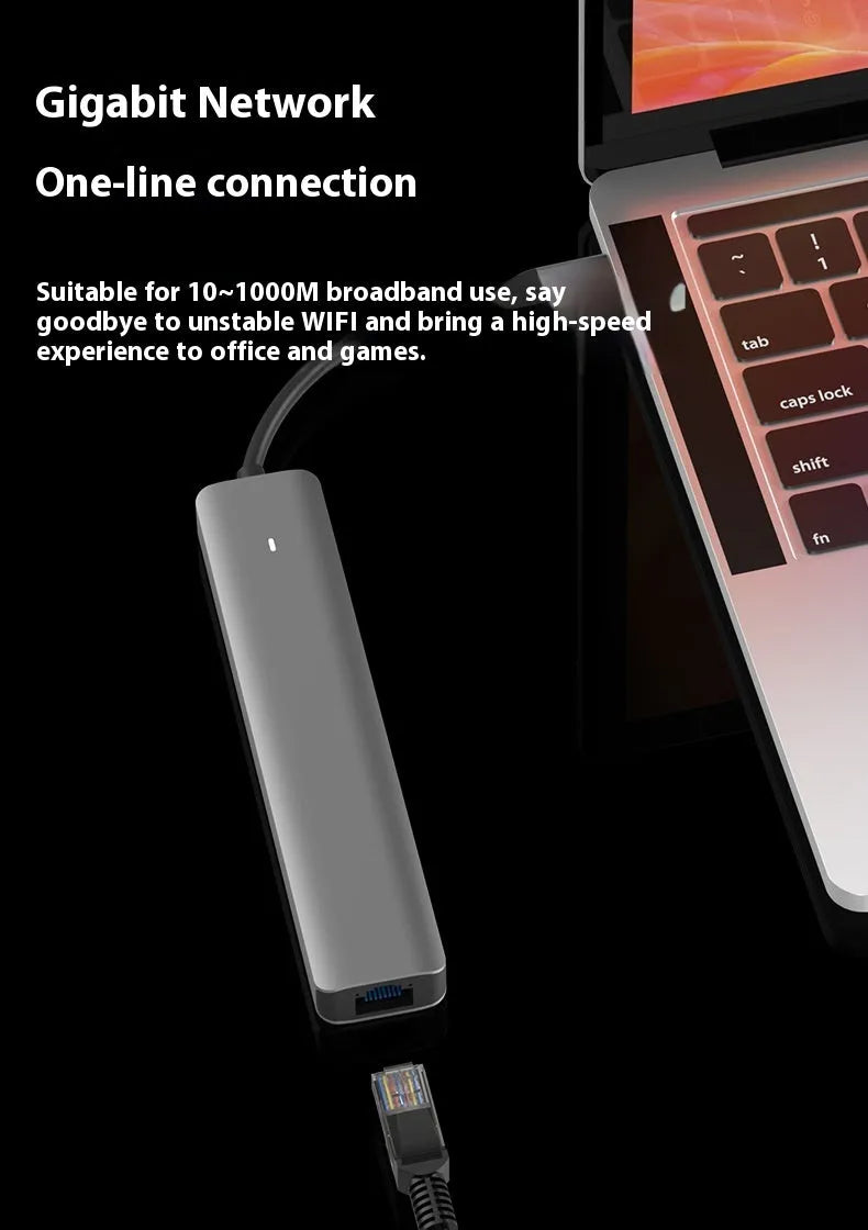 Silver aluminium USB C 7-in-1 hub with HDMI, USB 3.0 ports, and SD card slots.