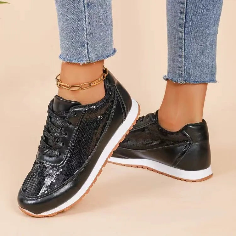 Women's thick-soled casual lin film sneaker with PU leather upper, square toe, and thick sole in black