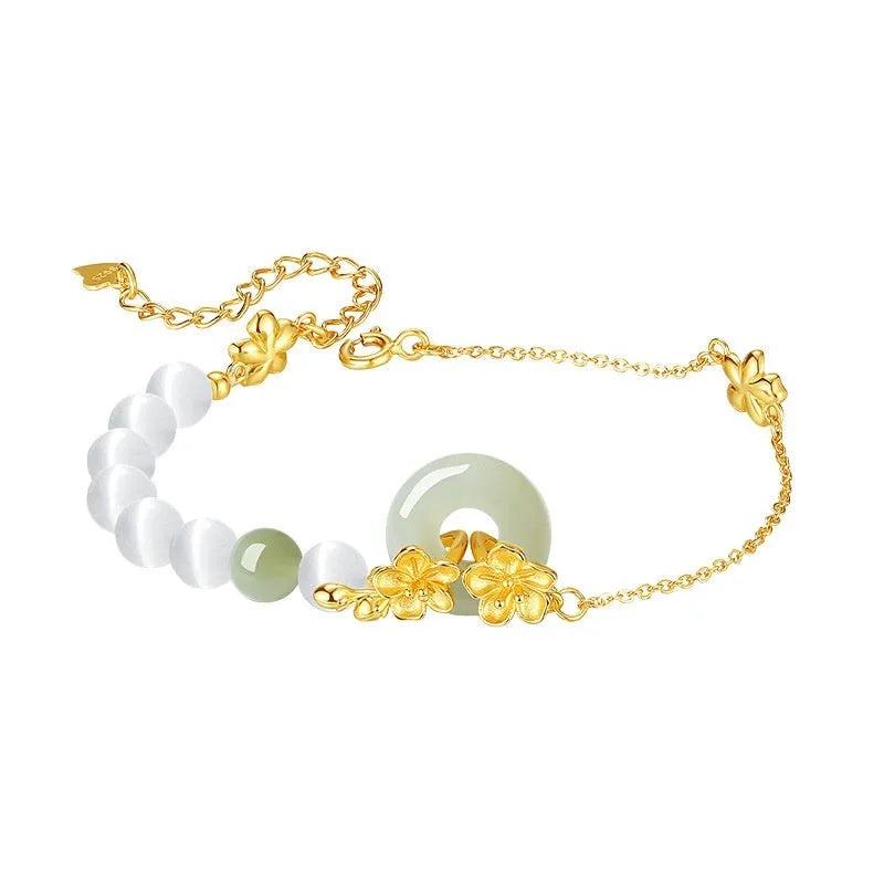 Peach blossom safety buckle bracelet for women, pure silver with electroplated finish, white gold colour option