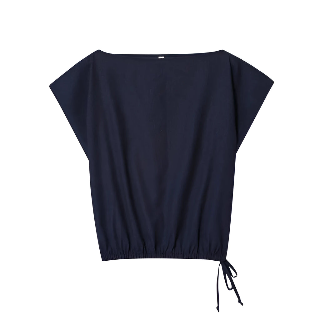 Women's linen-look blend shirt with flounced sleeves paired with wide-leg trousers, a two-piece commute outfit set.