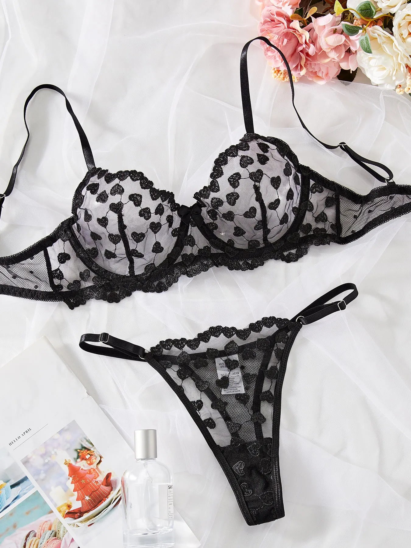 Romantic Love multi-color mesh women's suit set in black or red polyester, top and pants on model