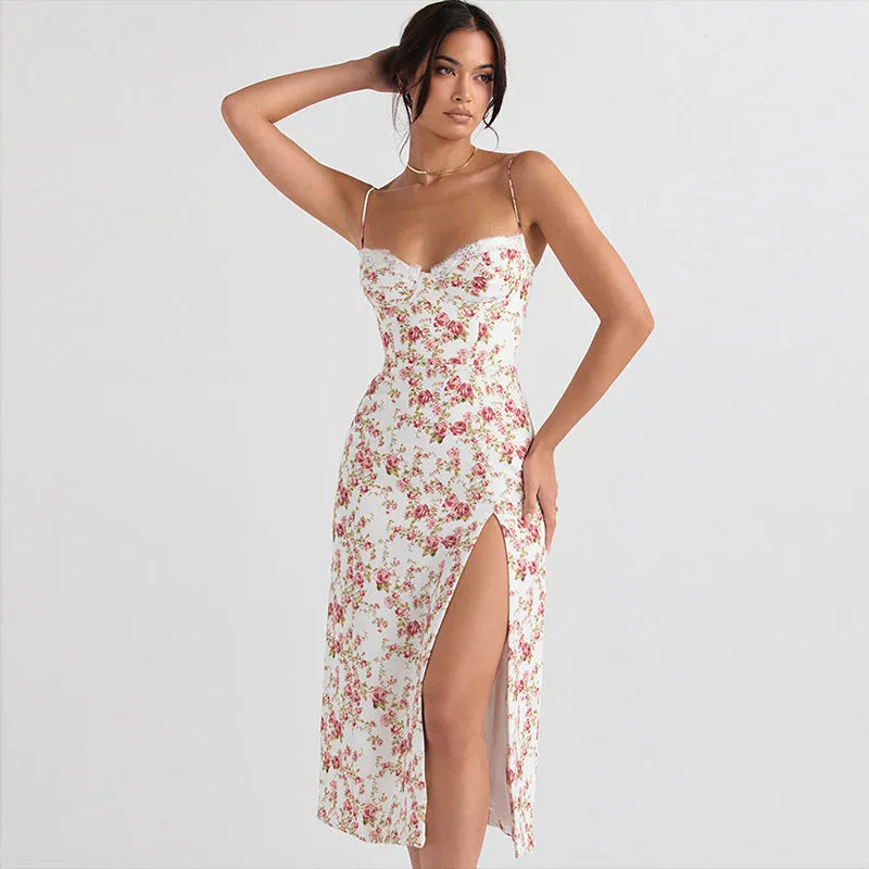 Blue lace floral print women's dress with suspender straps and a high thigh slit.