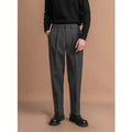 Men's straight leg suit trousers in draped fit, shown in dark grey colour.