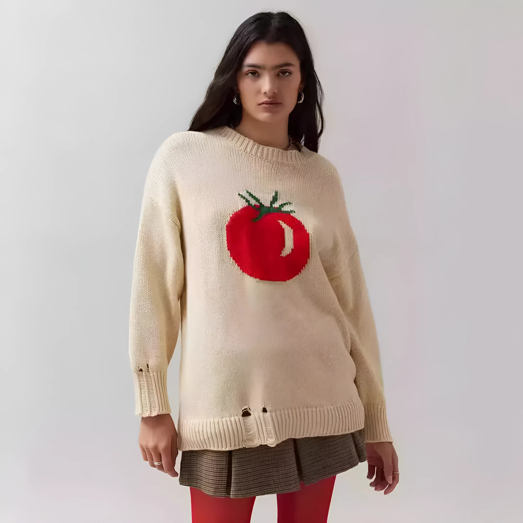 Women's loose-fitting milky white acrylic Jacquard knit sweater with round neck and long sleeves.