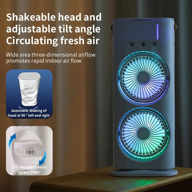 White double-ended spray fan with humidifying mist and remote control on a desk