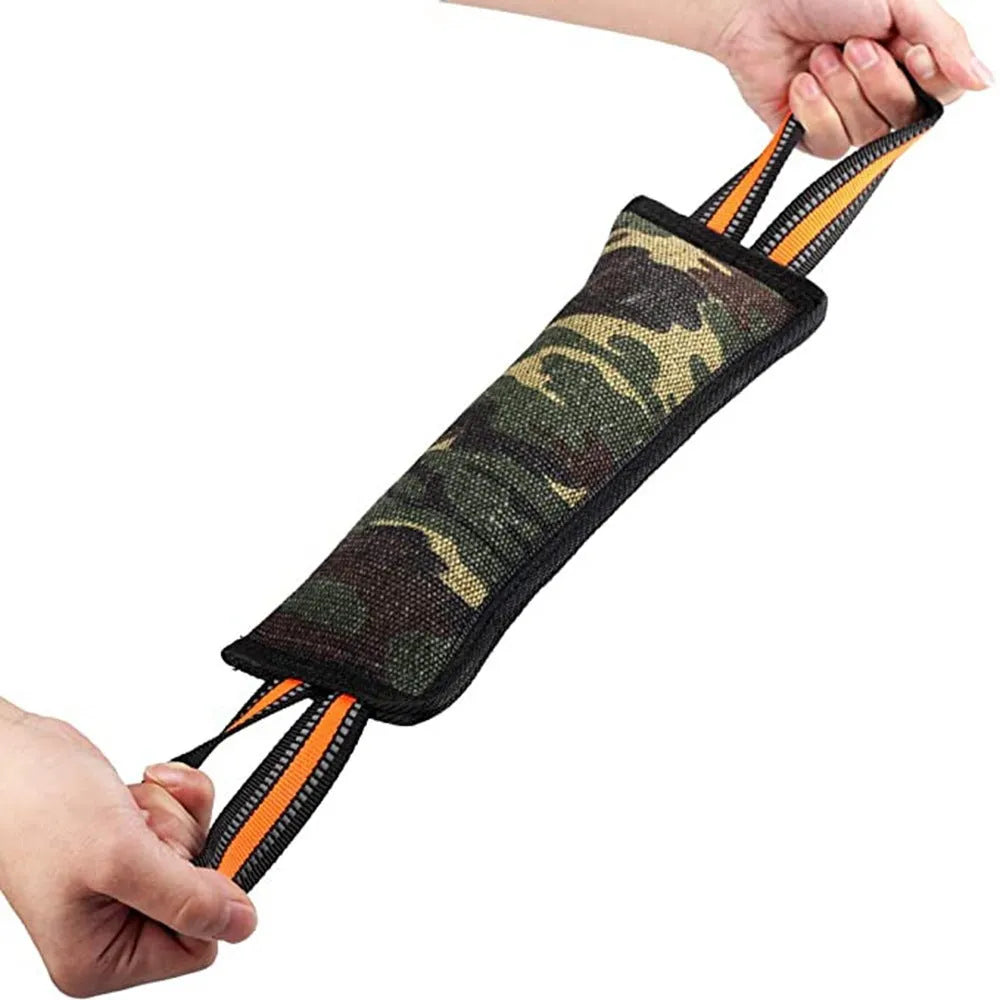 Reflective dog training jute bite stick with yellow edge, 55cm length, on plain background