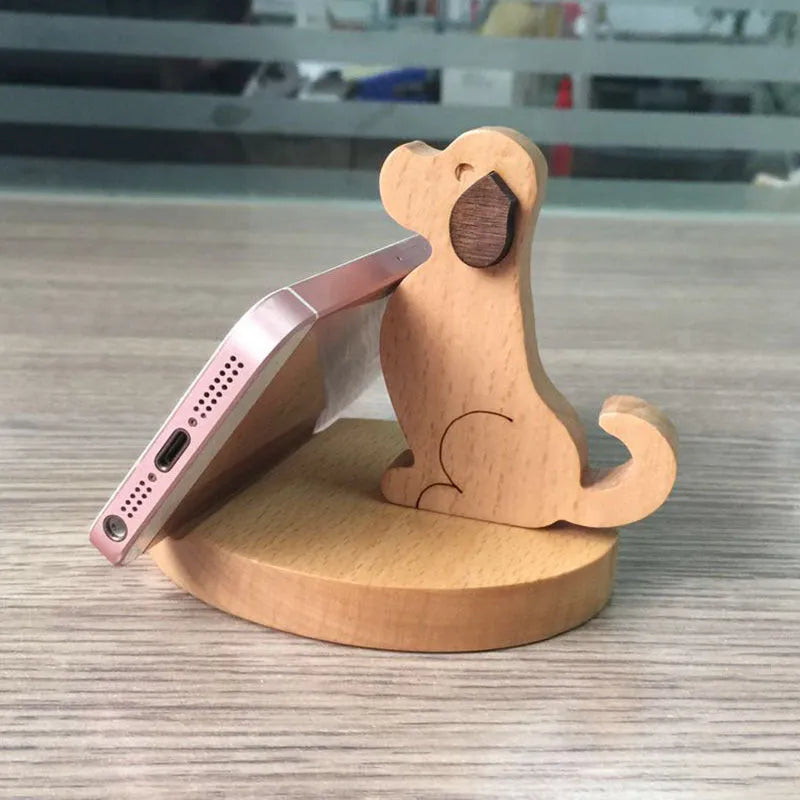 Beech wood mobile phone holder with resin animal design and coin slot