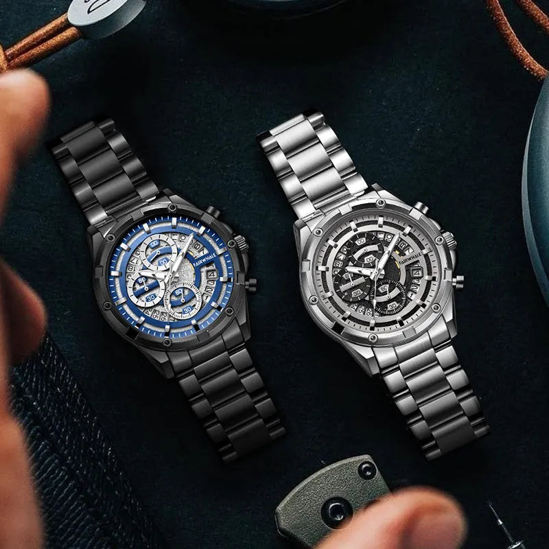 Men's luminous waterproof quartz watch in stainless steel with three colour options