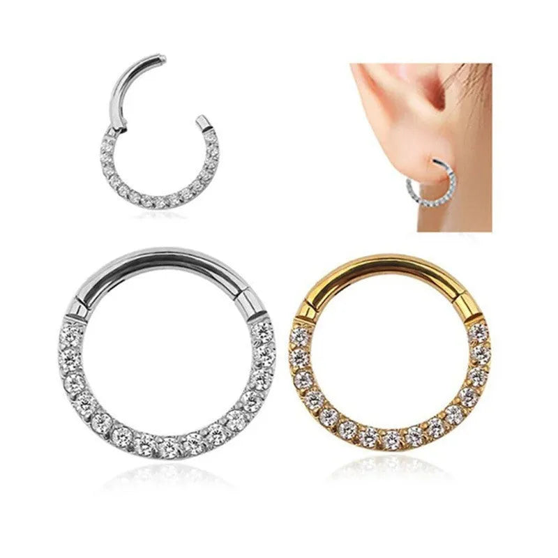 Stainless steel seamless nose ring with diamond front design in gold finish