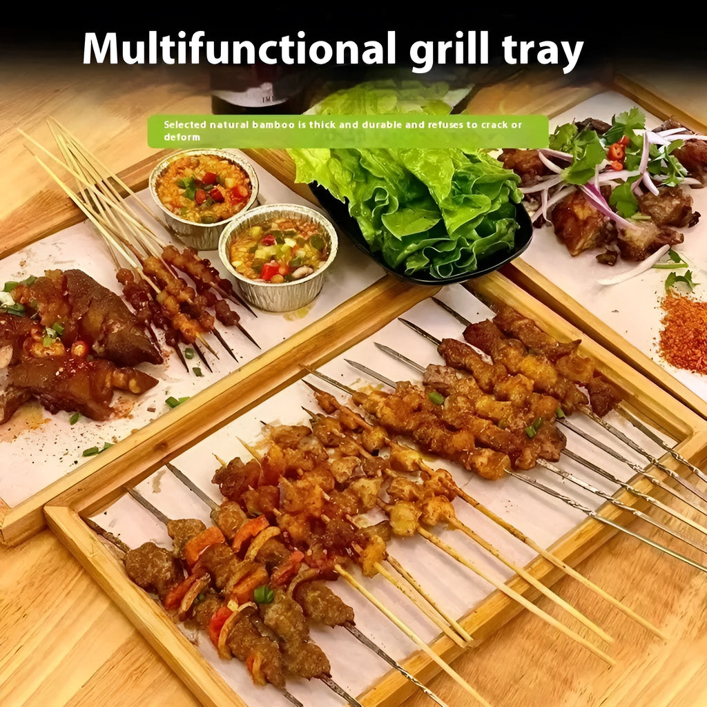 Brown-handled bamboo barbecue serving tray with square shape and solid colour design