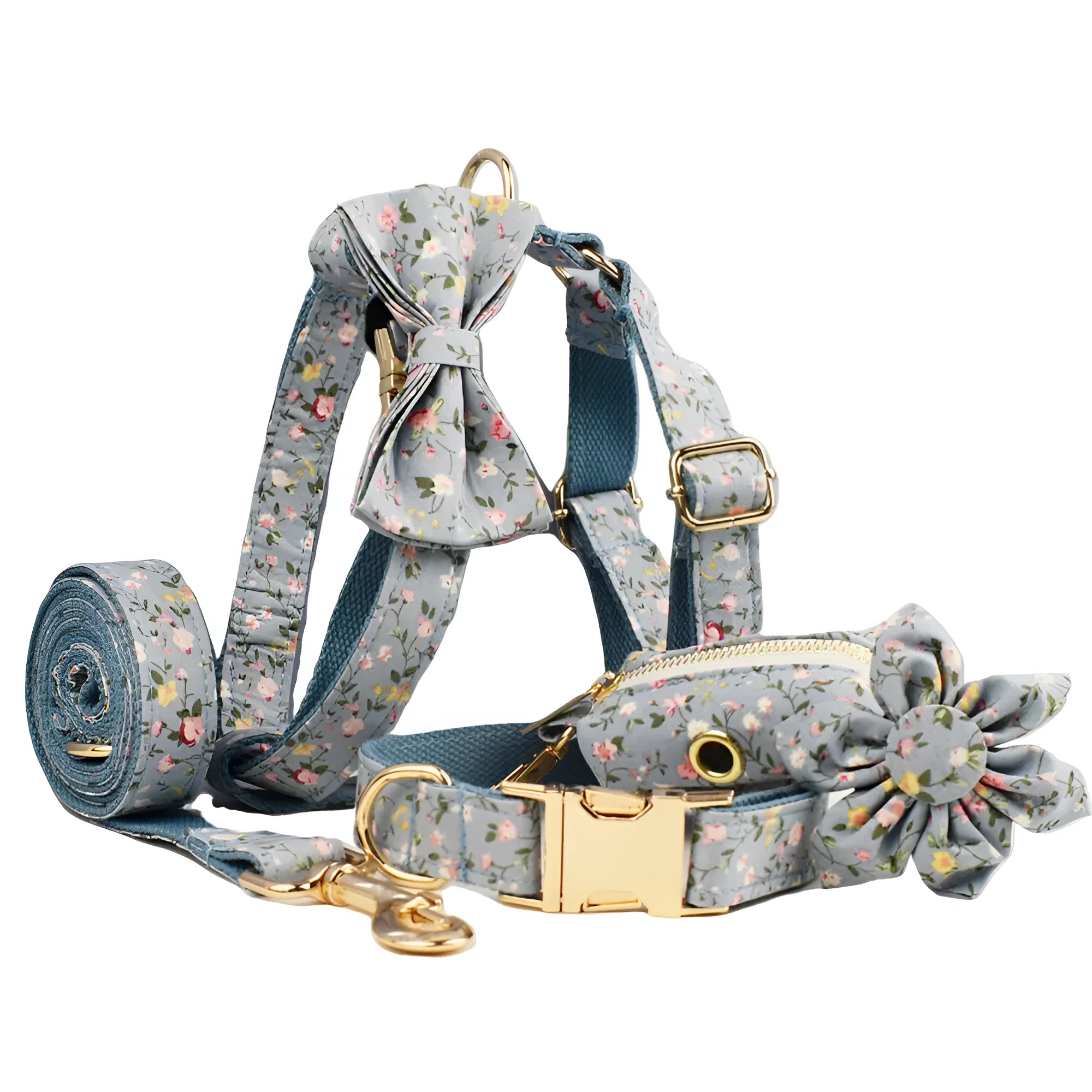 Blue floral dog collar with matching bow accessory on white background