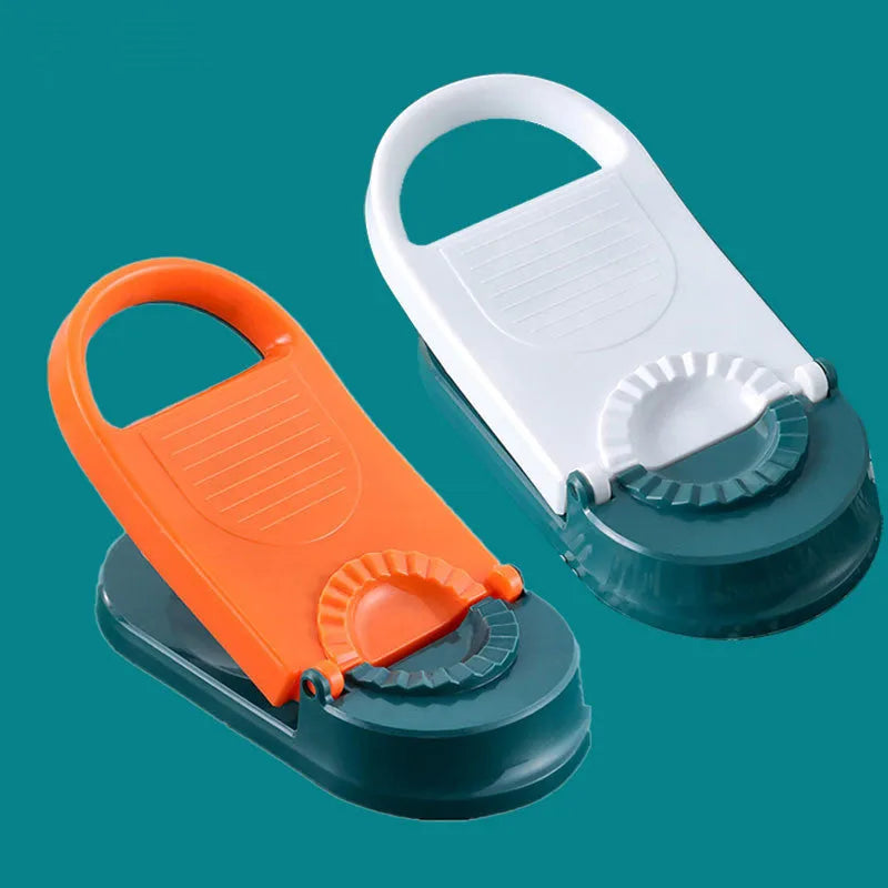 2-in-1 plastic dumpling dough press maker in orange and white, with ergonomic handle and hanging hole for storage