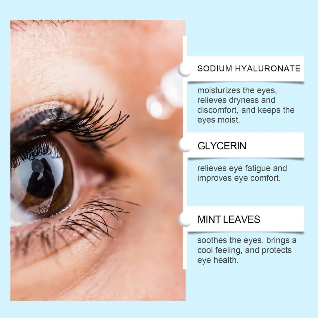 Moisturizing eye drops with mint leaf and sodium hyaluronate in a clear bottle