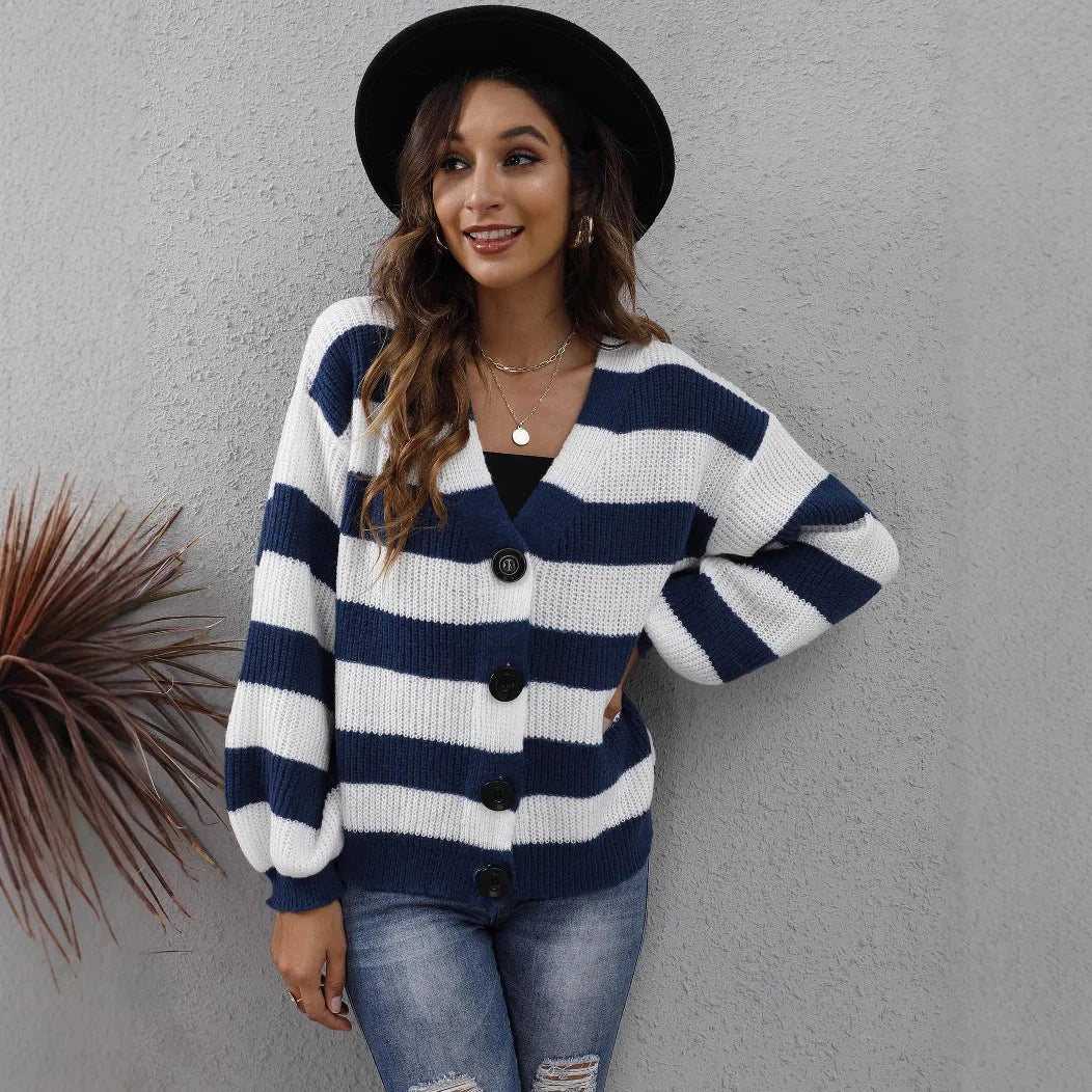 Women's striped deer plush cardigan with button front in blue black brown or green street fashion woven sweater