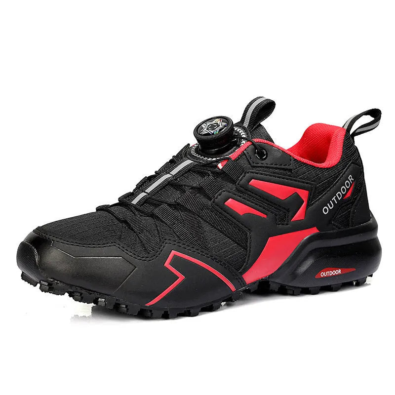 Men's beige lightweight hiking shoes with elastic band fastening and textured rubber sole.