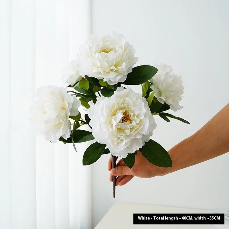 Artificial 5-head peony silk bouquet 40cm in light champagne colour for wedding decor