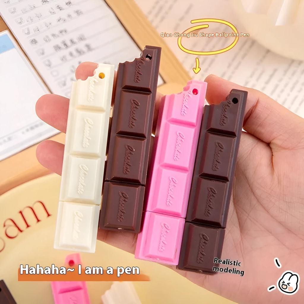 Cartoon chocolate bar ballpoint pen in pink, beige, or brown with 0.5mm bullet tip.