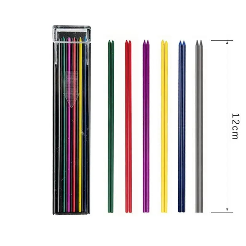 Box containing 12 coloured erasable mechanical pencil lead refills for drawing pens.