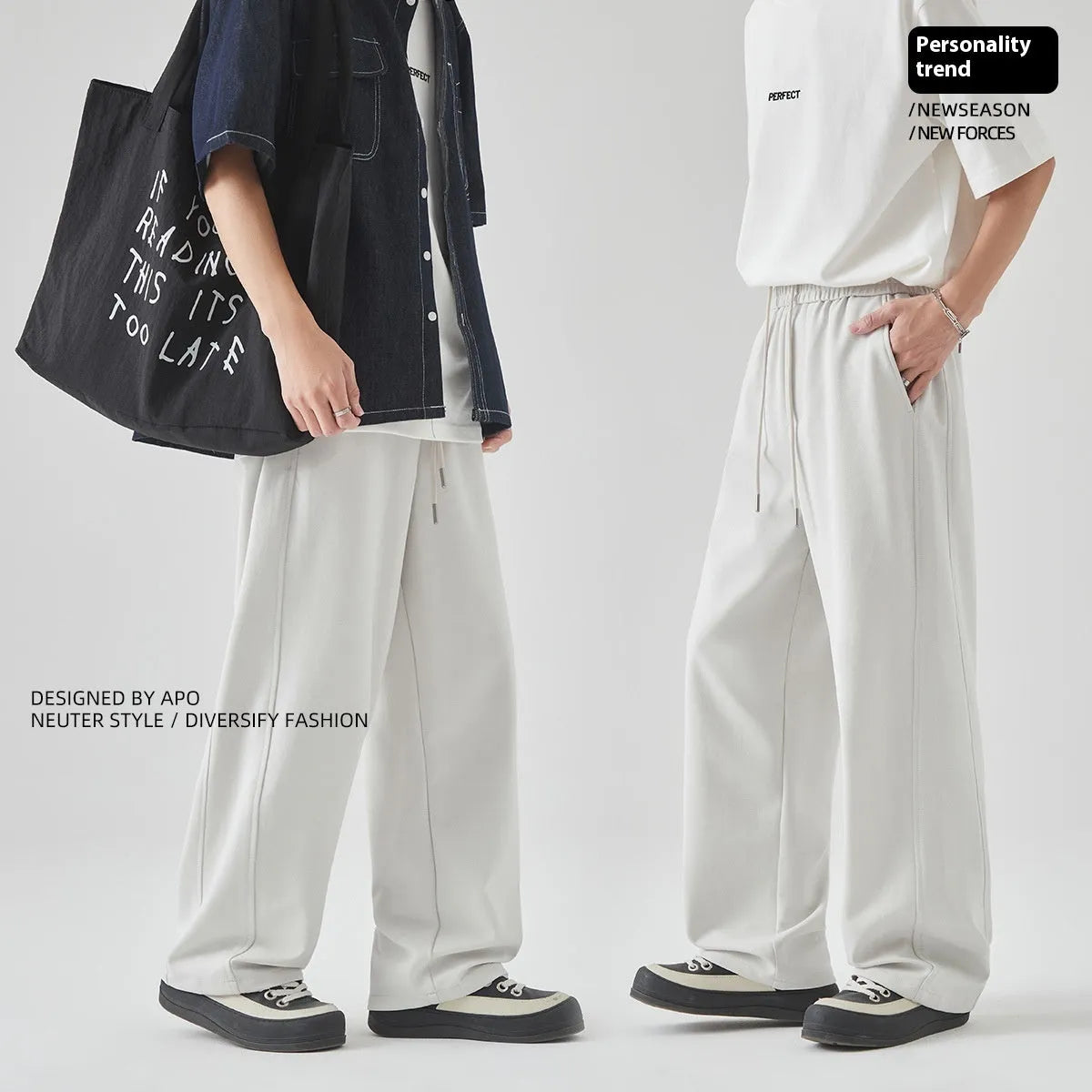 Men's cotton blend high-waist loose straight leg lace-up casual pants, solid colour black side view