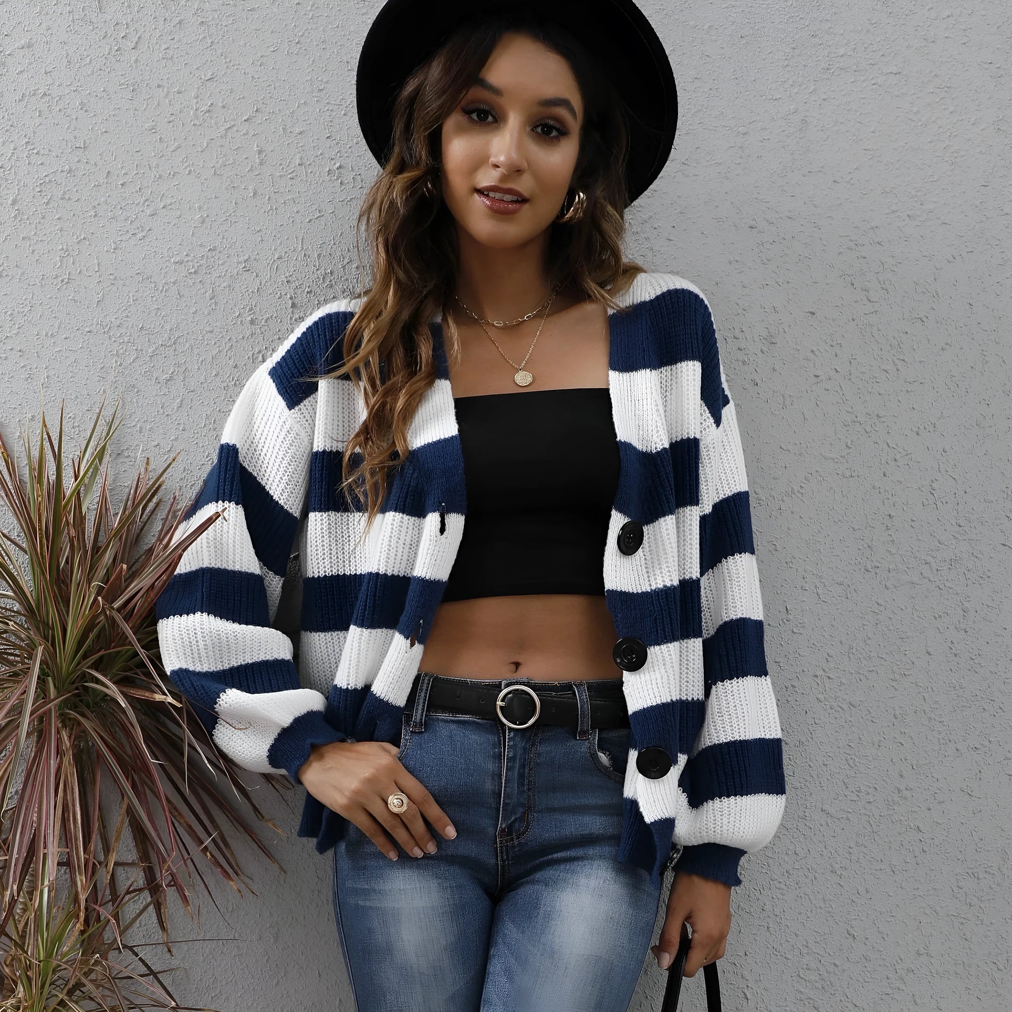 Women's striped deer plush cardigan with button front in blue black brown or green street fashion woven sweater