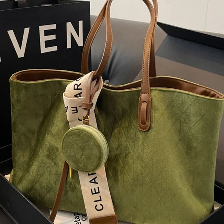 Soft polyester large tote shoulder bag in horizontal square shape with zippered pocket.