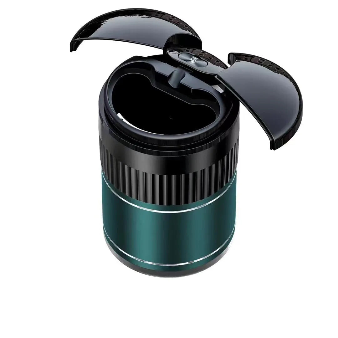 Automatic metal car ashtray with lid showing black, green, red, and silver colour options.