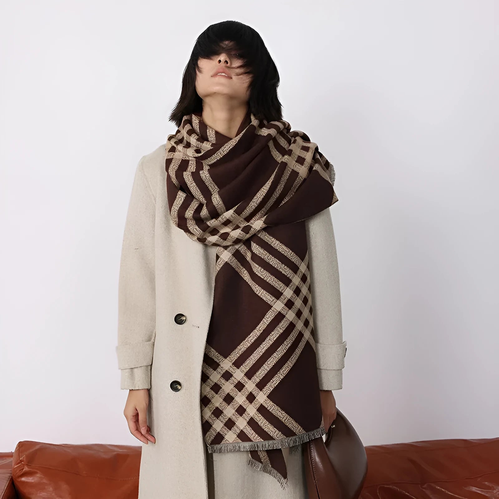 Qianjin imitation cashmere scarf in brown with tassel detailing, 185cm long and 65cm wide