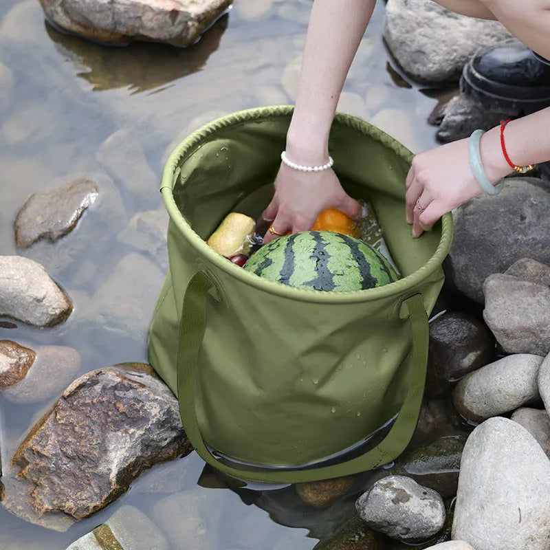 Outdoor folding telescopic duct in army green, 13L size, showing collapsed and extended positions on a plain background