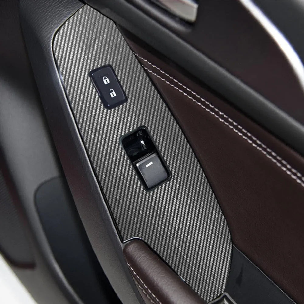 TPU protective films for 2014-2019 car door control panels in transparent, carbon fibre black and matte black options