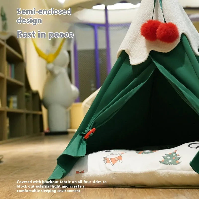Winter warm semi-closed cat house deep sleep bed thickened cloth brown mat 50x50x68cm