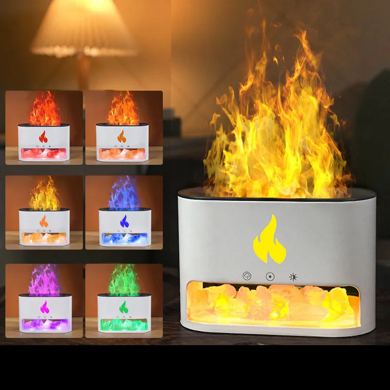 New Flame Humidifier Black - 3D simulation flame humidifier with crystal salt stone and colourful atmosphere lamp